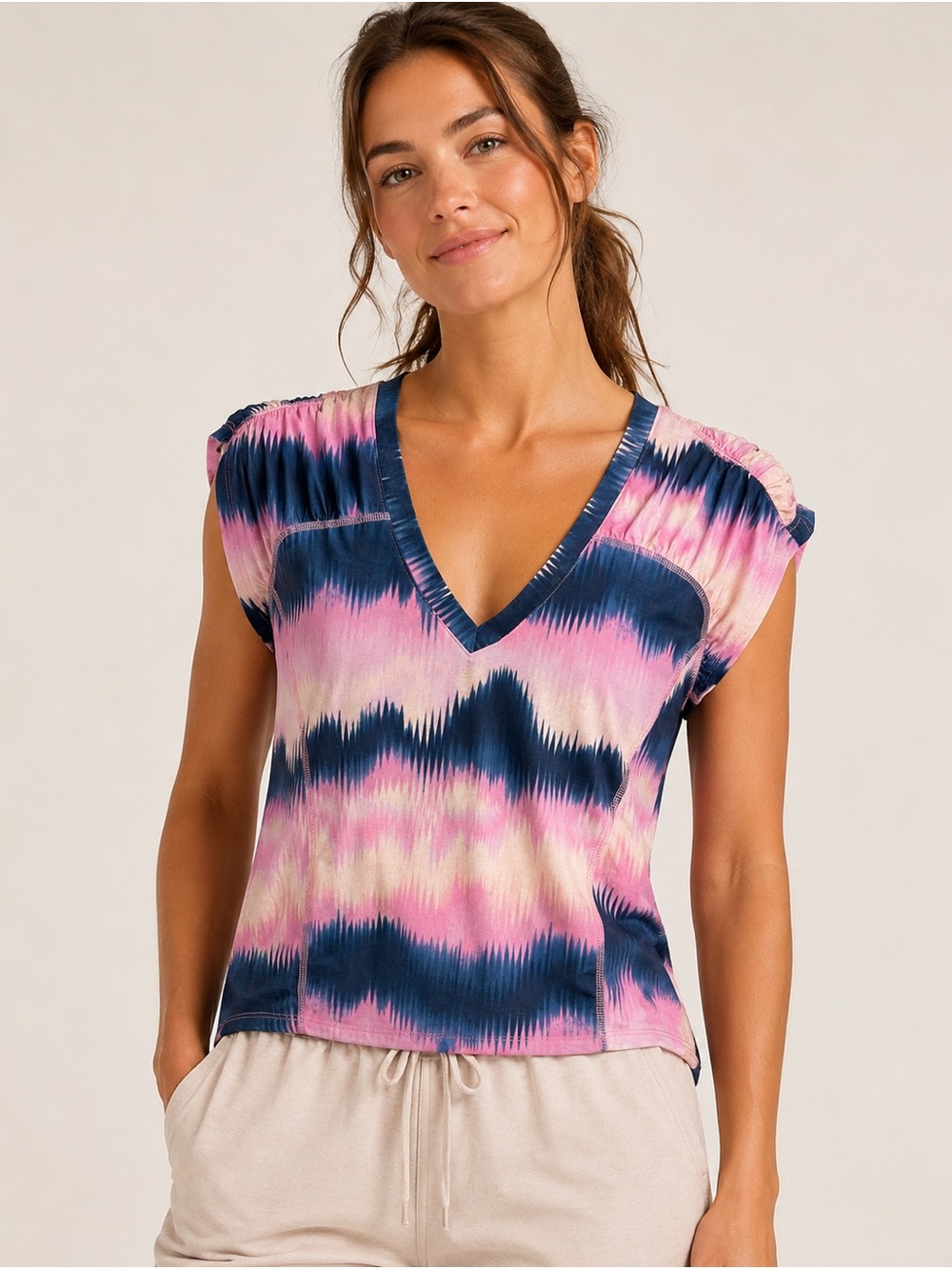 FP Movement by Free People Pink & Navy Tie-Dye V-Neck Tank